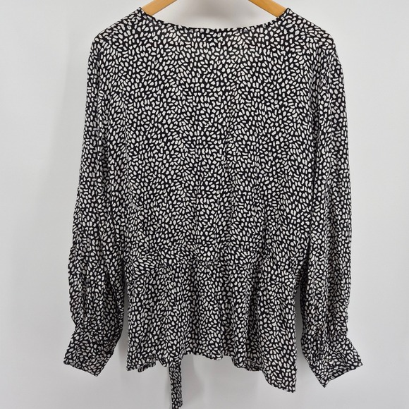 Talbots Plus 2X Black White Abstract Print Wrap Tie Waist Blouse Long Sleeve Top - Picture 11 of 14